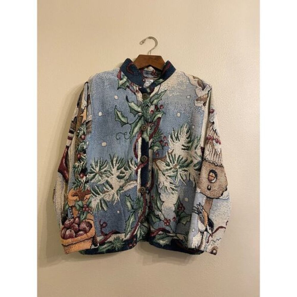 Vtg Sugar Street Weavers Christmas Holiday Snowman Tapestry Jacket Cardigan OS